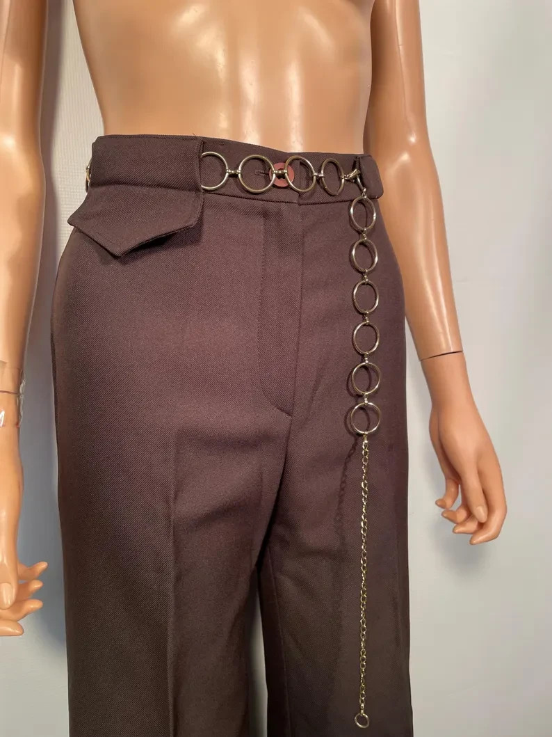Vintage 1970s Brown Polyester Sears Jr Bazaar Bell Bottoms Wide Leg Pants 26 W