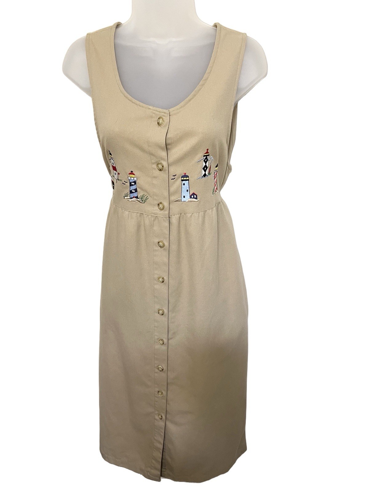 Vintage Bonworth Dress S Lighthouse Embroidery Homeschool Button Coastal Preppy