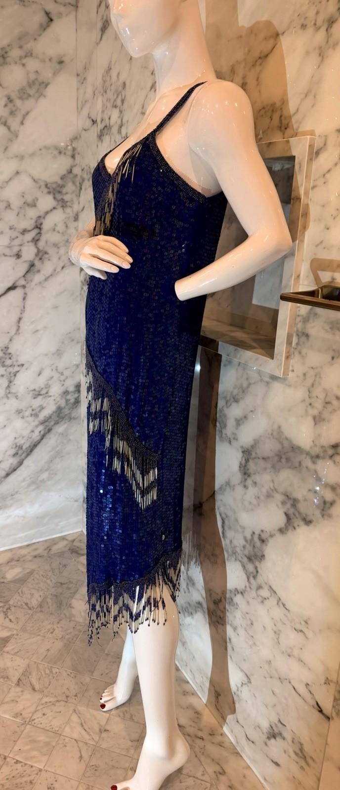 Vintage Laurence Kazar Blue Sequin Beaded Silk Cocktail Dress Fringe Art Deco M