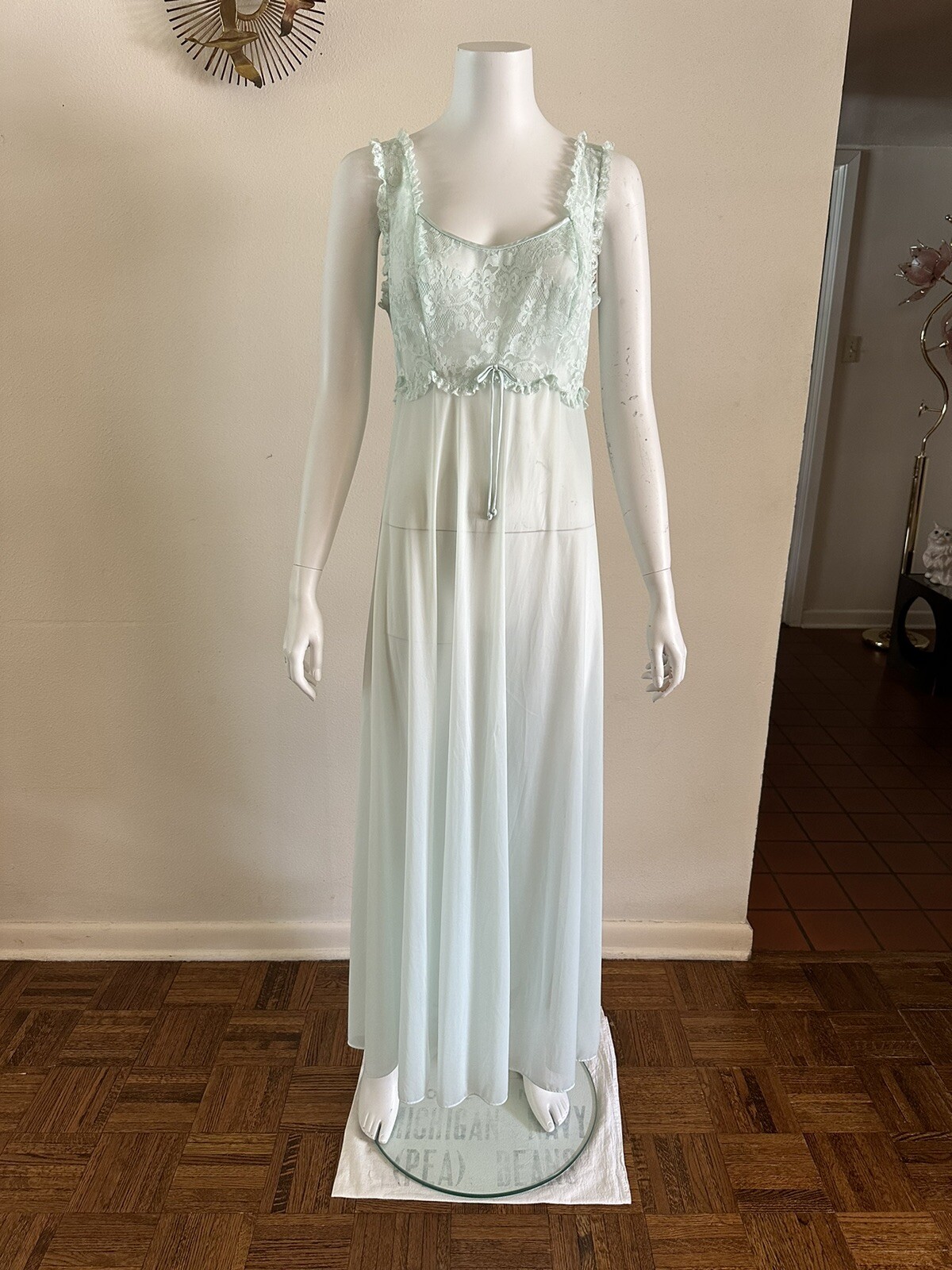 1960s Vanity Fair Mint Green Nylon Tricot Lace Nightgown Slip Dress Negligee VTG