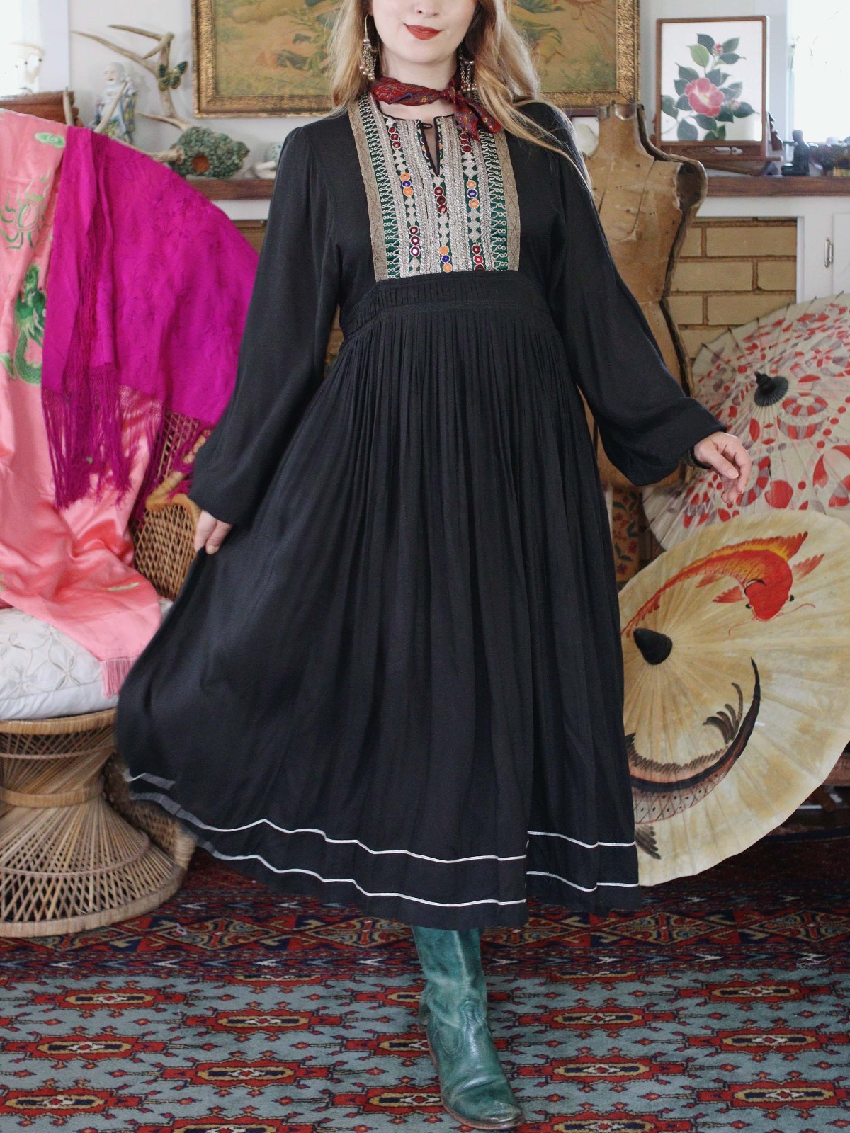 VTG 1970s Afghani Dress Black Rayon Poet Sleeve Metallic Silver Hand Embroidered