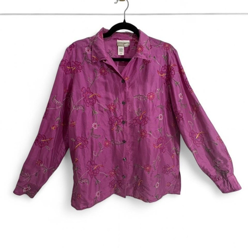 VTG Silk Blouse Embroidered Fairycore Coldwater Creek Floral Magenta Size M