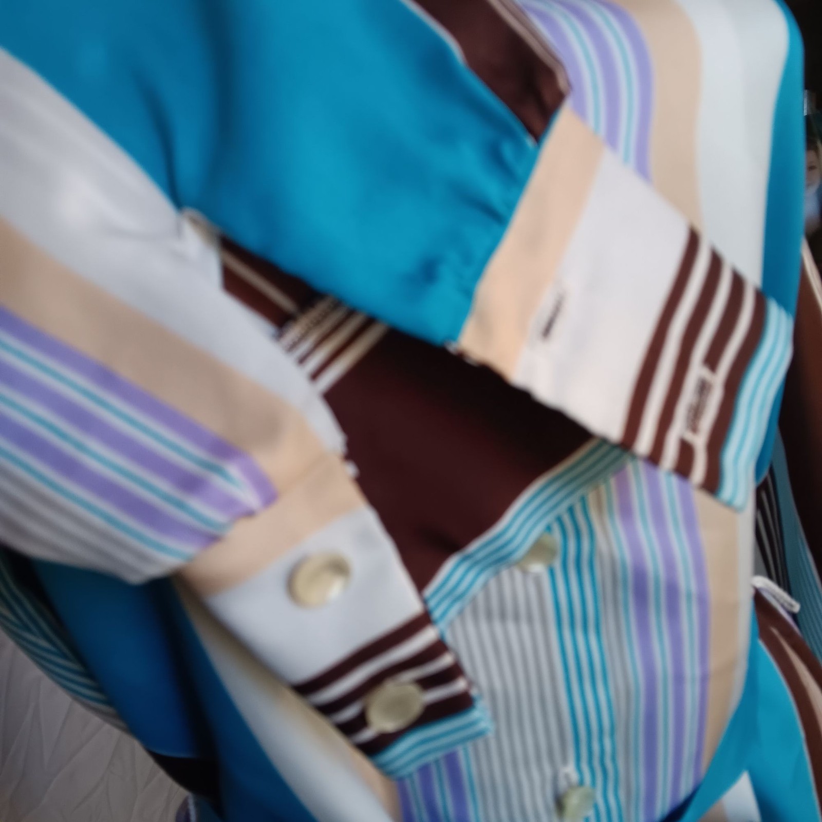 True Vintage Medium Belted Top 1970&rsquo;s Graff Polyester Blue Brown Striped Brady