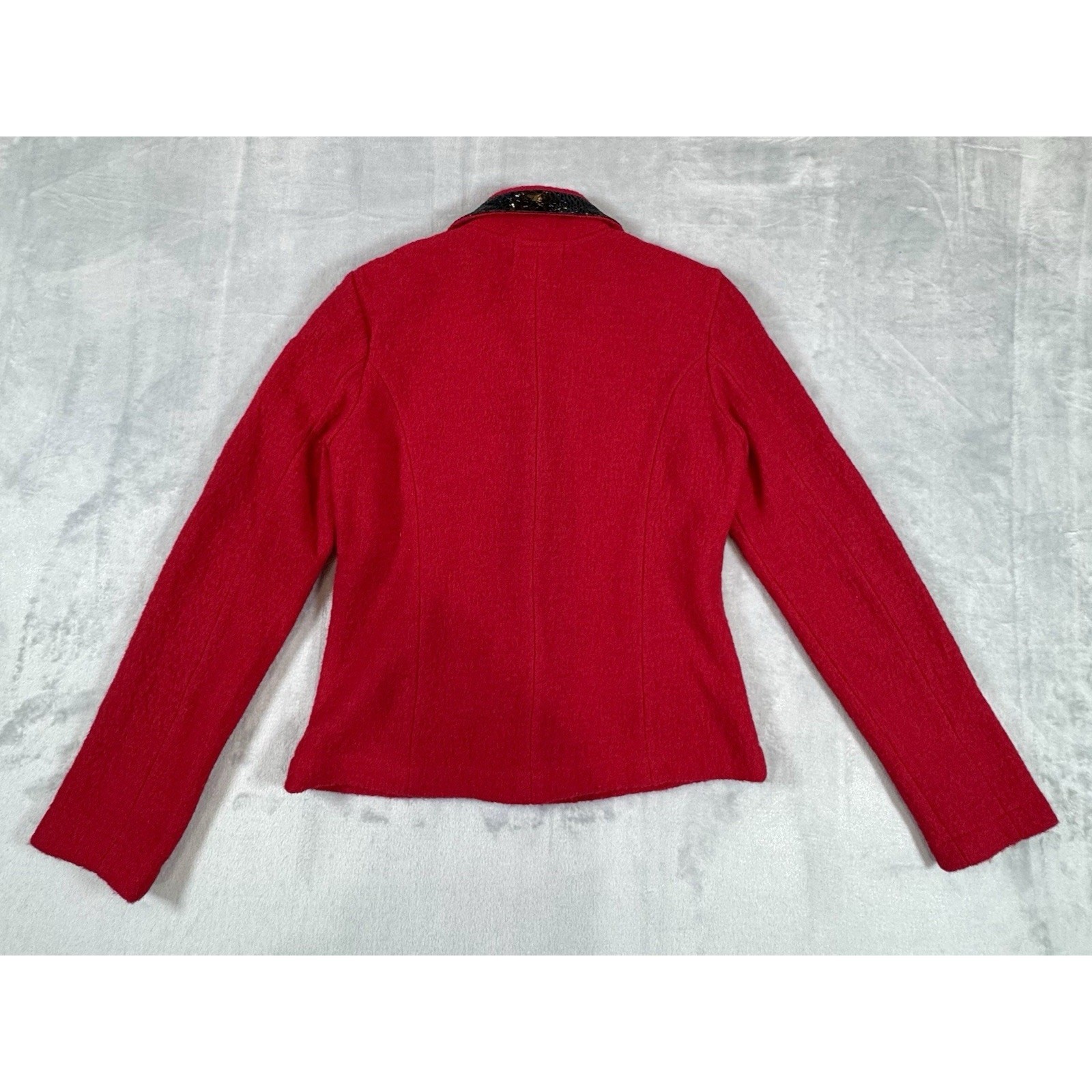 Vintage 1980s Red Wool Jacket Black Leather Trim Boutique Essentials Small