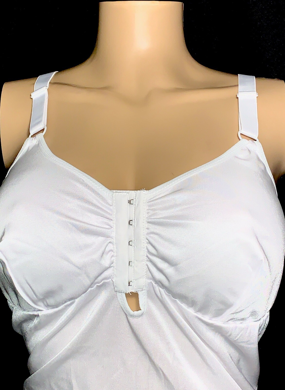 46 2X White Satin Sleek Silky Stretch Spandex Front Hook Bra Long Full Slip