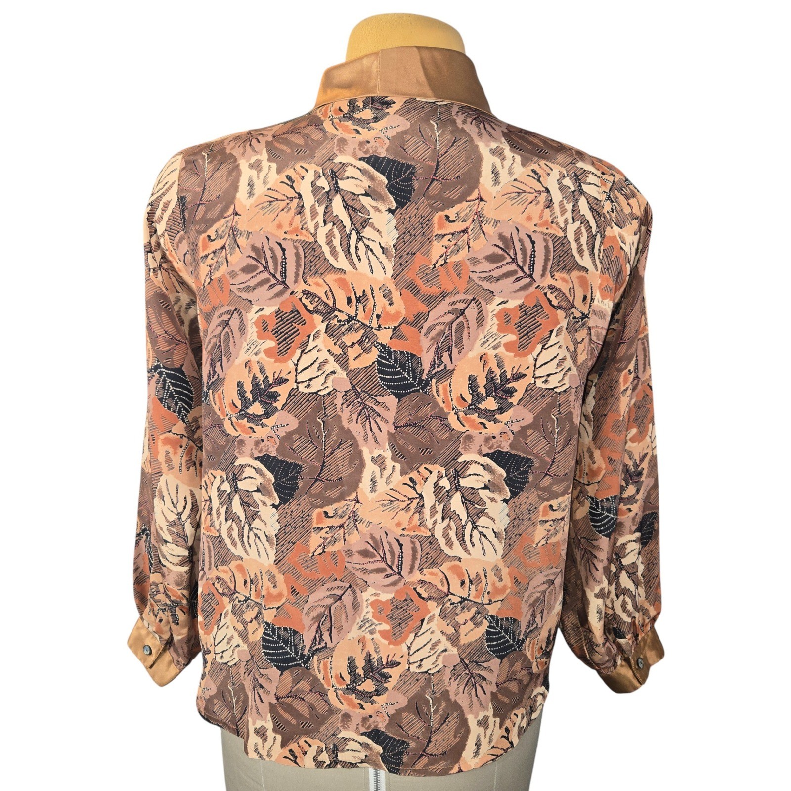 Vintage Macaw Womens Leaf Print Blouse Asymmetrical Satin Collar Brown Copper