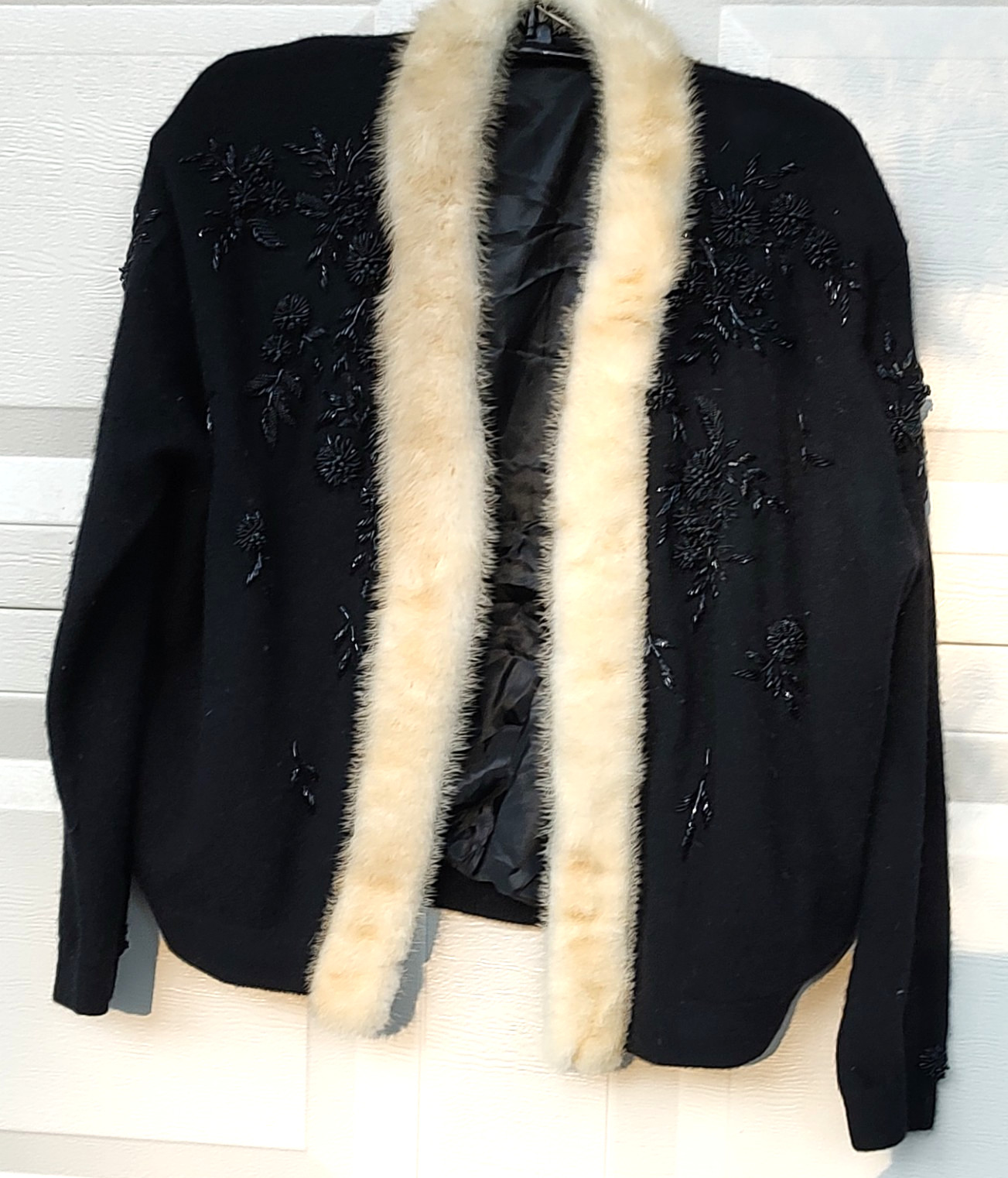Vintage Black Wool Beaded Cardigan w/ Real Mink Fur Collar –Lined- Hong Kong