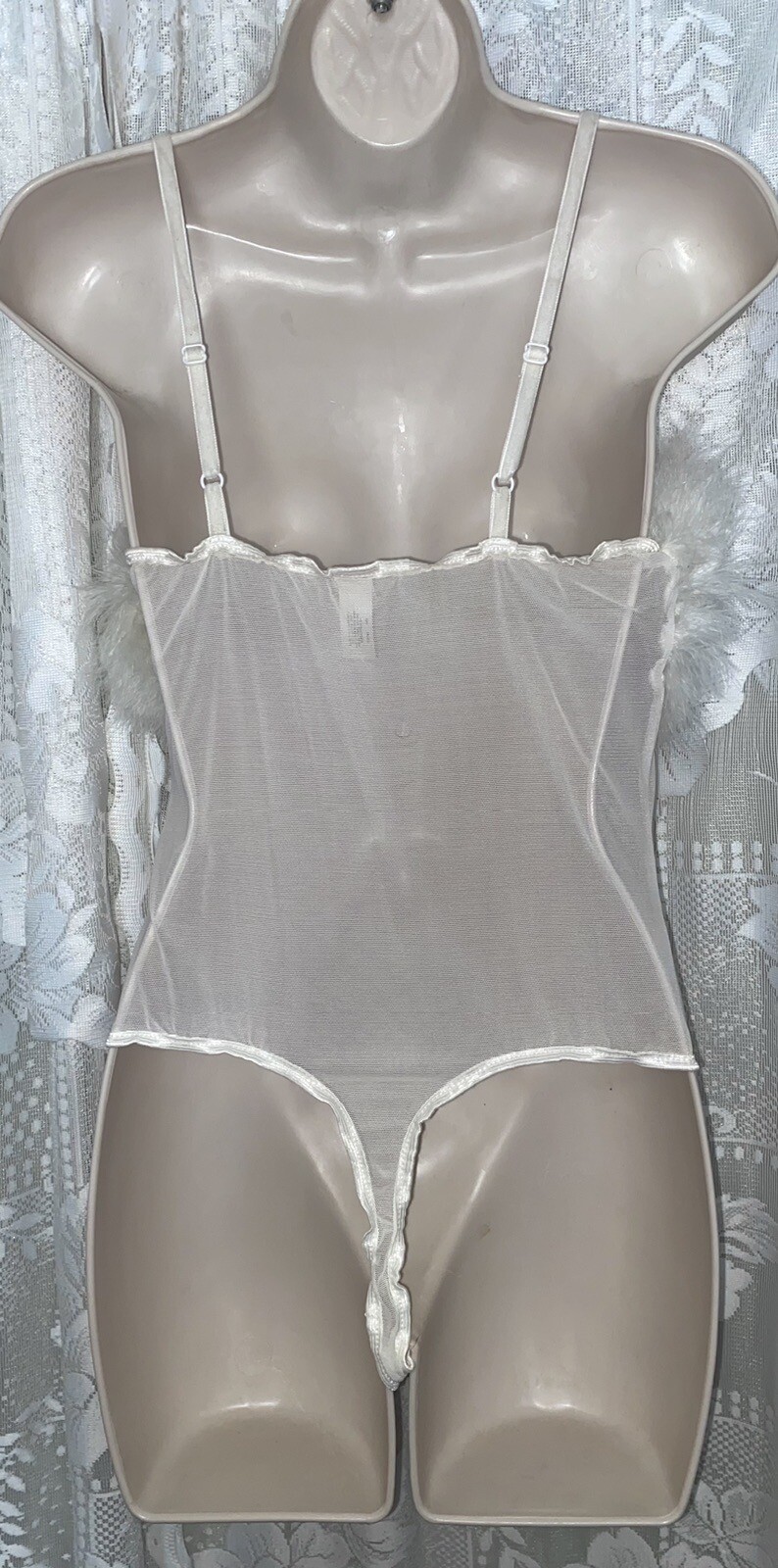 VTG VS M+ White Bridal Sheer Chiffon Nylon Teddy Romper nightie Marabou Trim USA