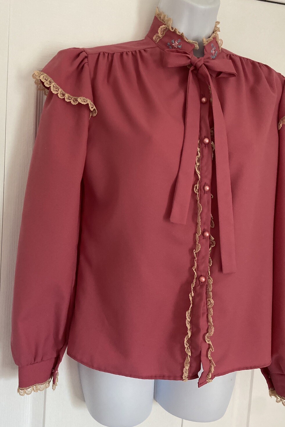 Vintage Top Blouse Pearlette Prairie Cottagecore Sleeve Mauve Pink Tie Small