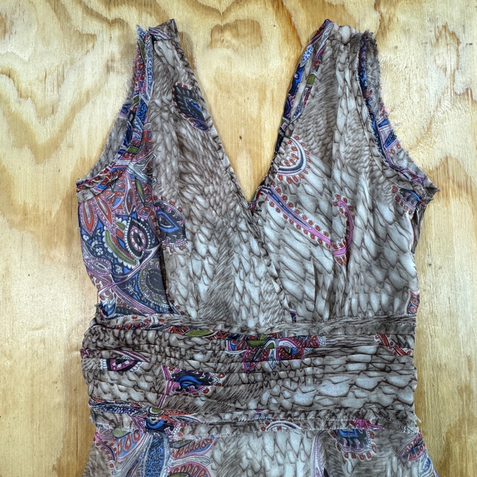 Artisan De Luxe Paisley Feather Print V-Neck Midi Dress S Boho Whimsical Cottage