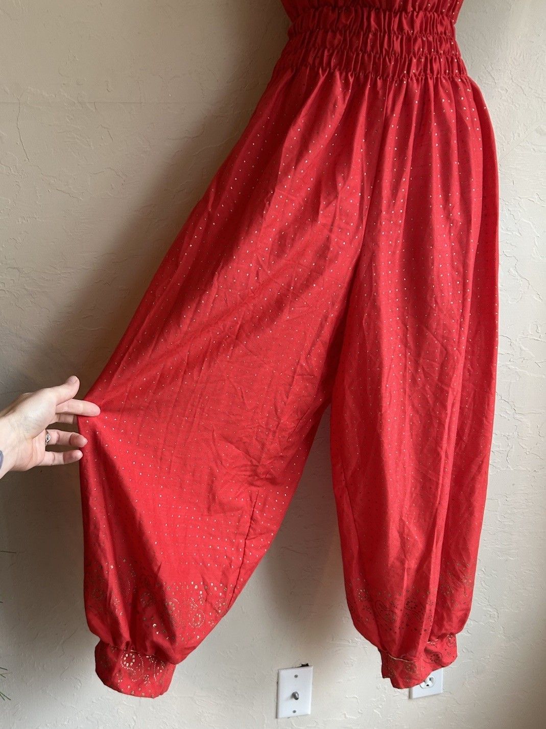 Vintage 1970s Strapless Jumpsuit Duster Set L Red Gold Harem Balloon Boho Disco