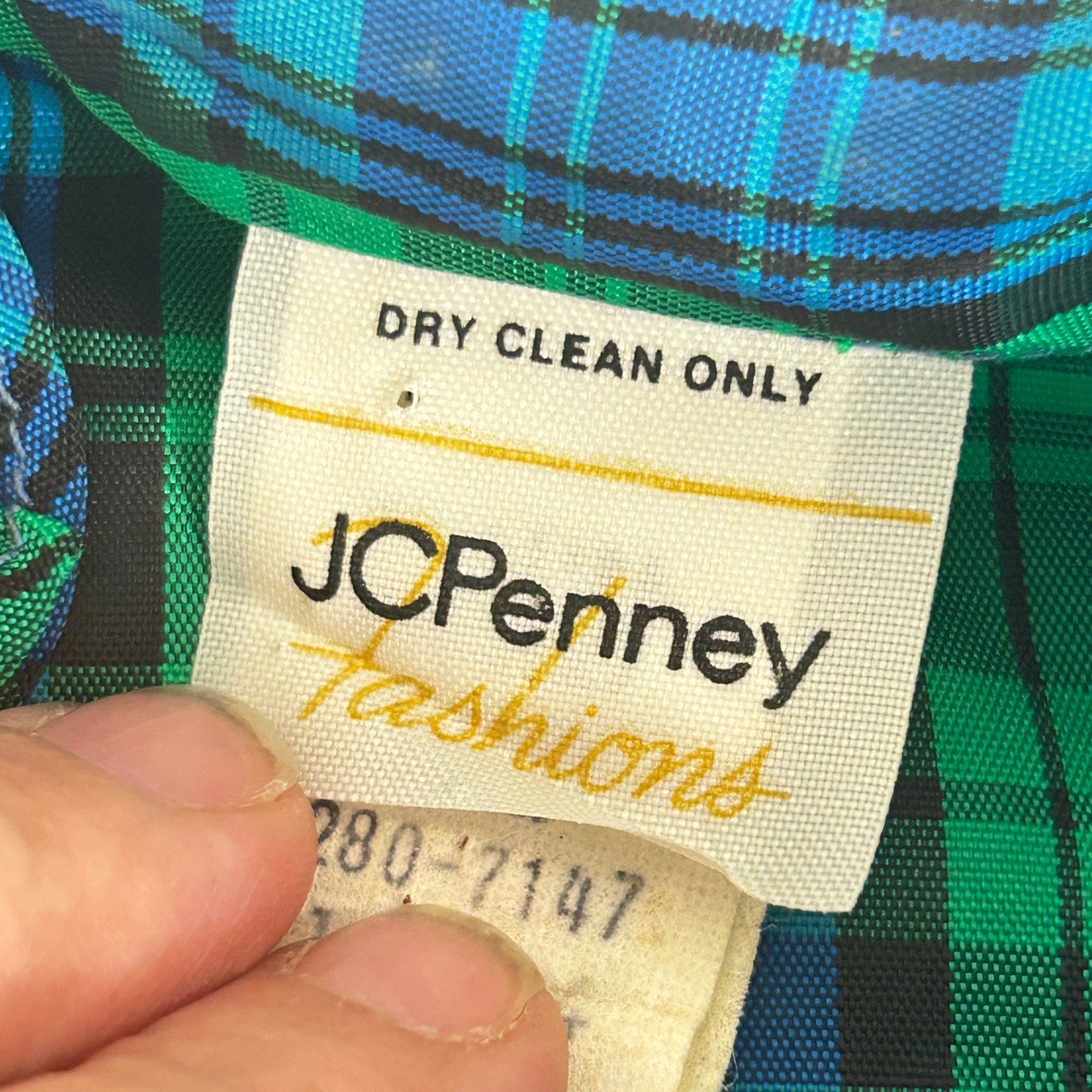 Vintage JCPenney Fashions Plaid Blouse Green Blue Ruffle Neck ILGWU USA 13/14