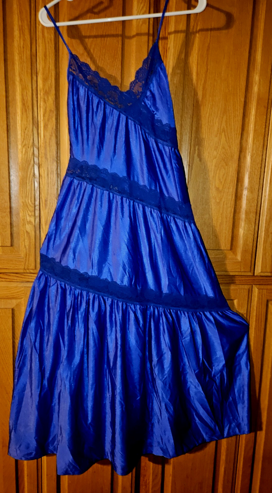 Vntg LADY CAMEO DALLAS LONG NYLON SPANDEX & LACE NIGHTGOWN, MED-LG-BUST 36-38