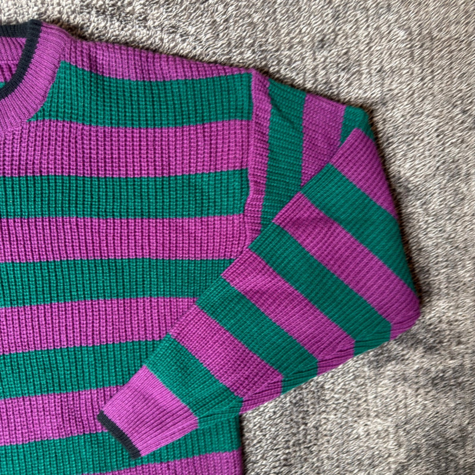 Vintage Trend Basics Purple Green Striped Knit Sweater Womens Large Acrylic Crew