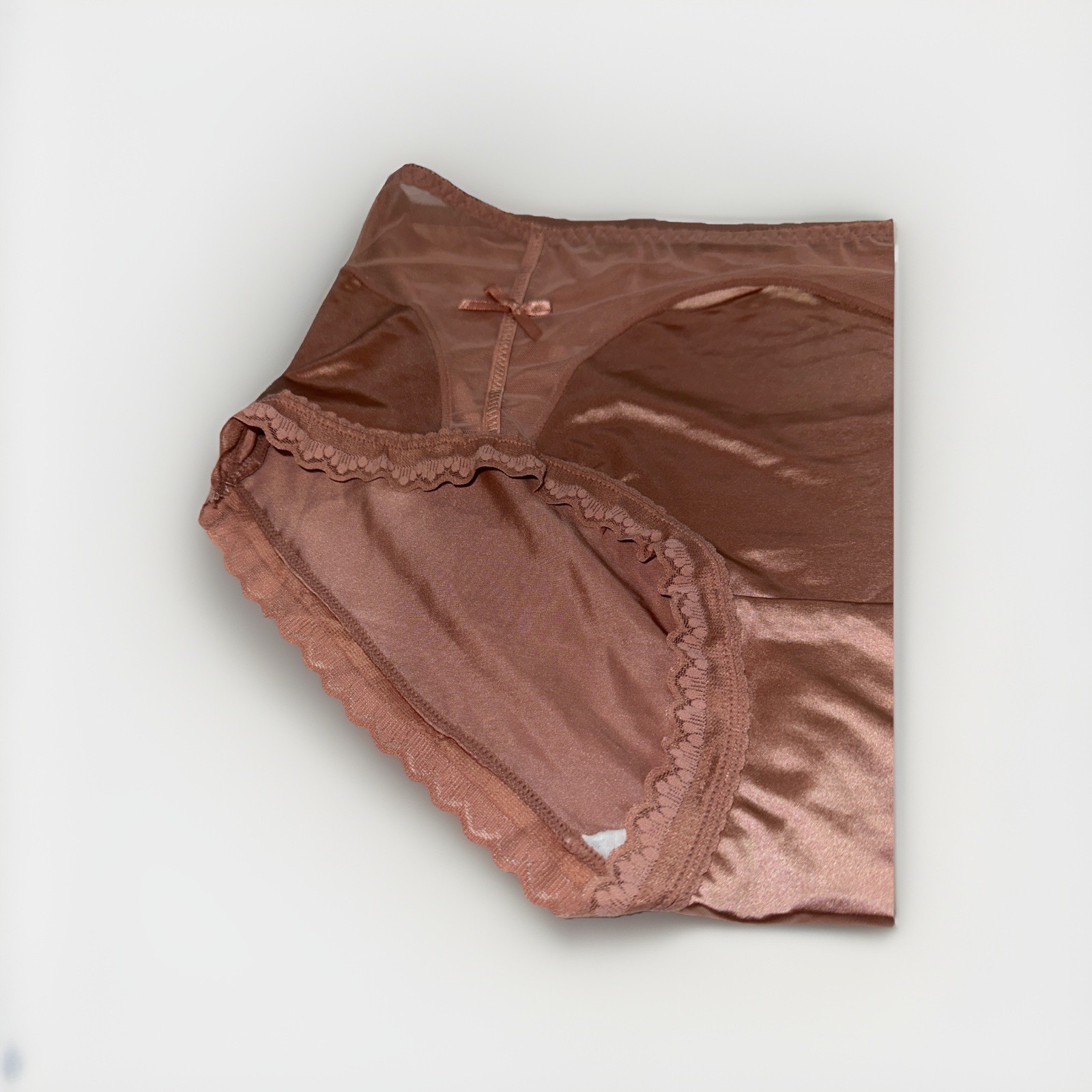 ~Shiny Large Rose Champaign Nylon Lace Blended Panties W/Bows Cotton Gusset New