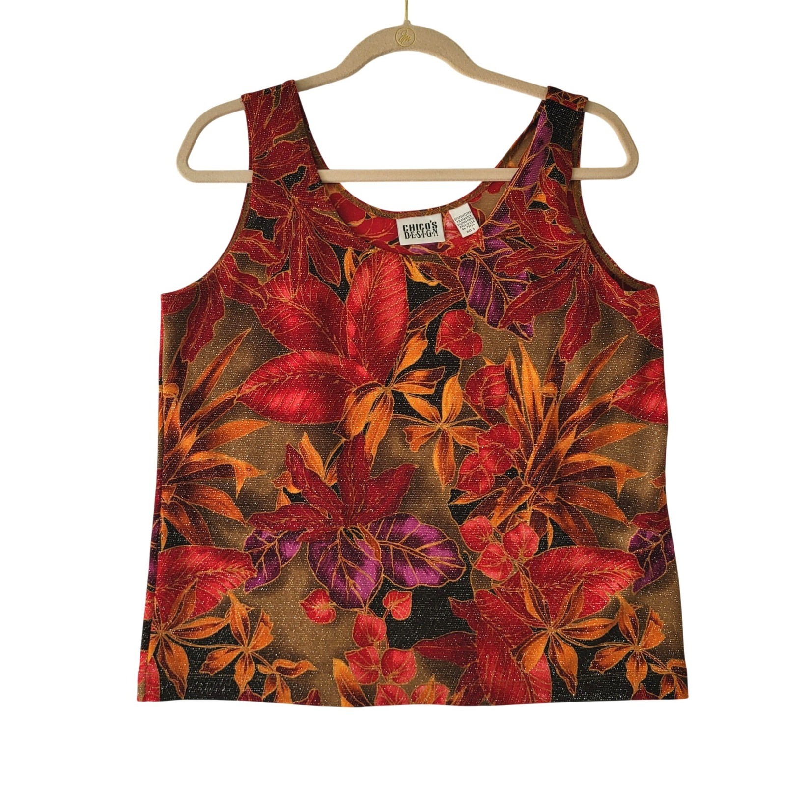 Vintage Chico&rsquo;s Design Top Size 3 = XL Sparkle Shimmery Tropical Floral Tank