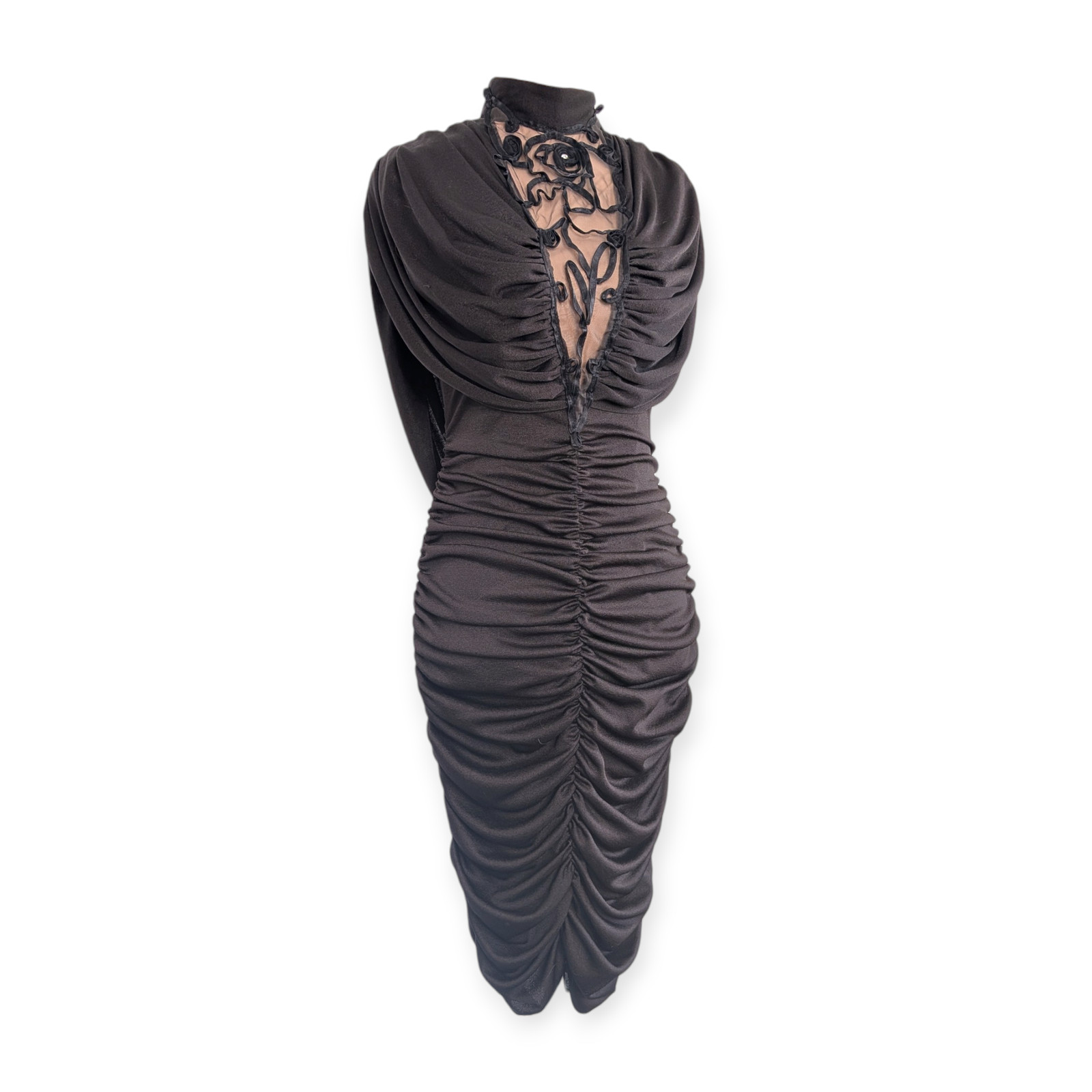 Vintage 80s Art Deco Evening Dress 3/4 Climax ruched lace decolletage