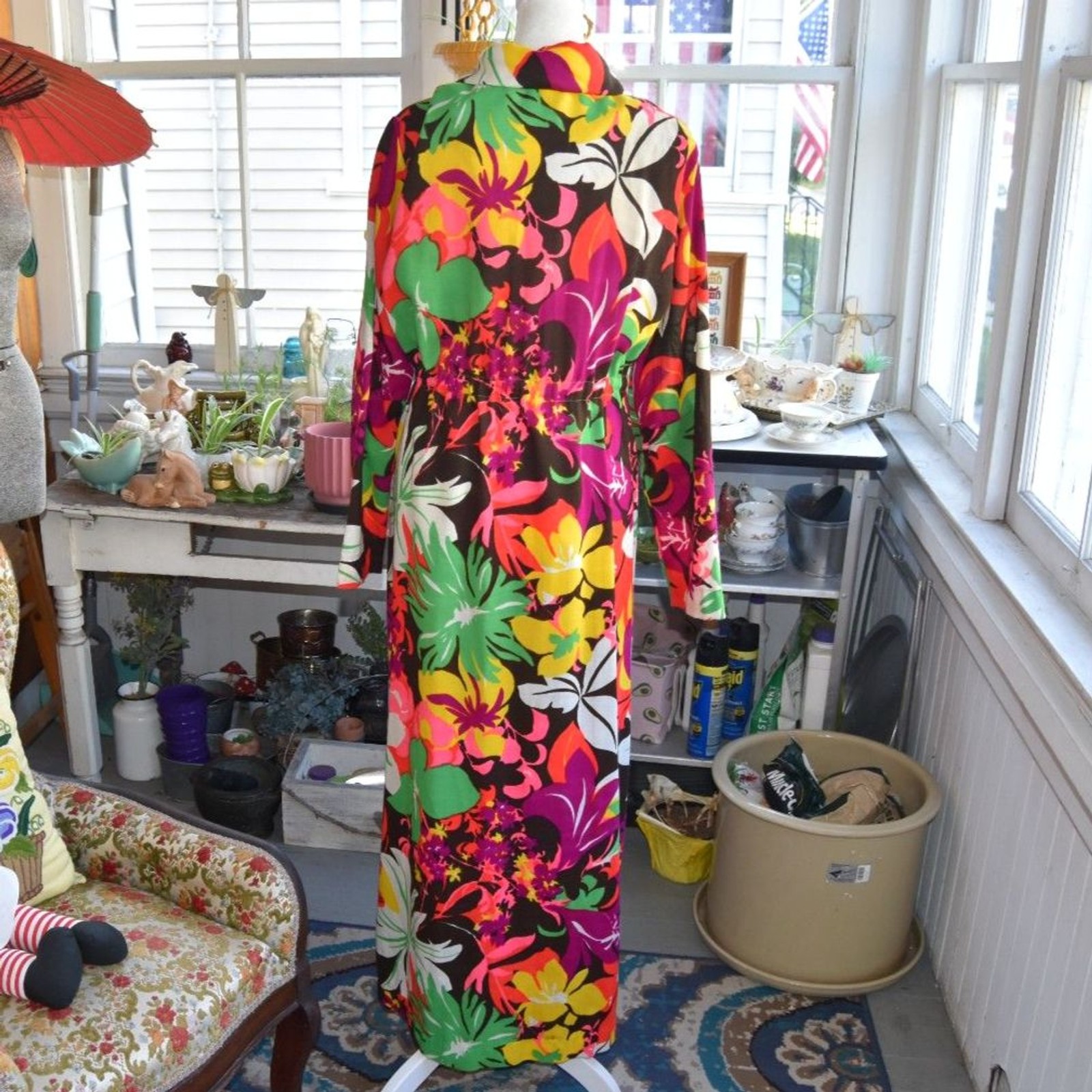 Vintage 70s Lounges Hawaiian Floral Maxi Dress Zip Front Drawstring USA Medium