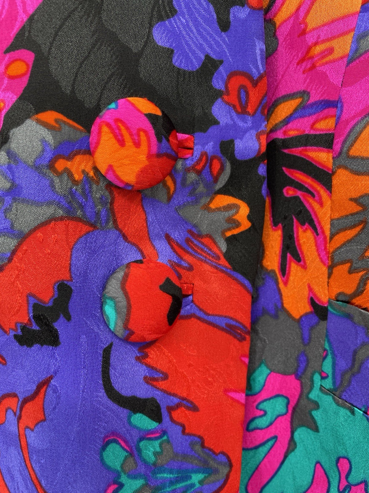 Vintage Iconic 80s Flora Kung Bold Abstract Floral Silk Asian Jacket Obi Belt XS