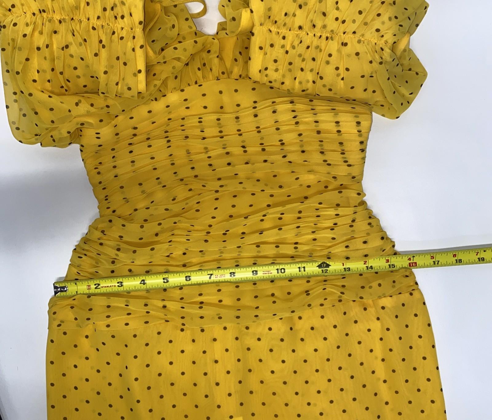 WAYNE CLARK Vtg 80s Yellow Brown Polka Dot Chiffon Draped Dress Floaty Scarf W30
