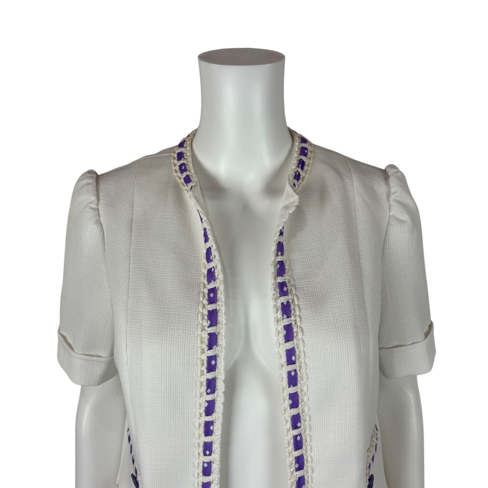Vintage 70s Open Top Women&rsquo;s Large Lavender White Diamond Print Cardigan