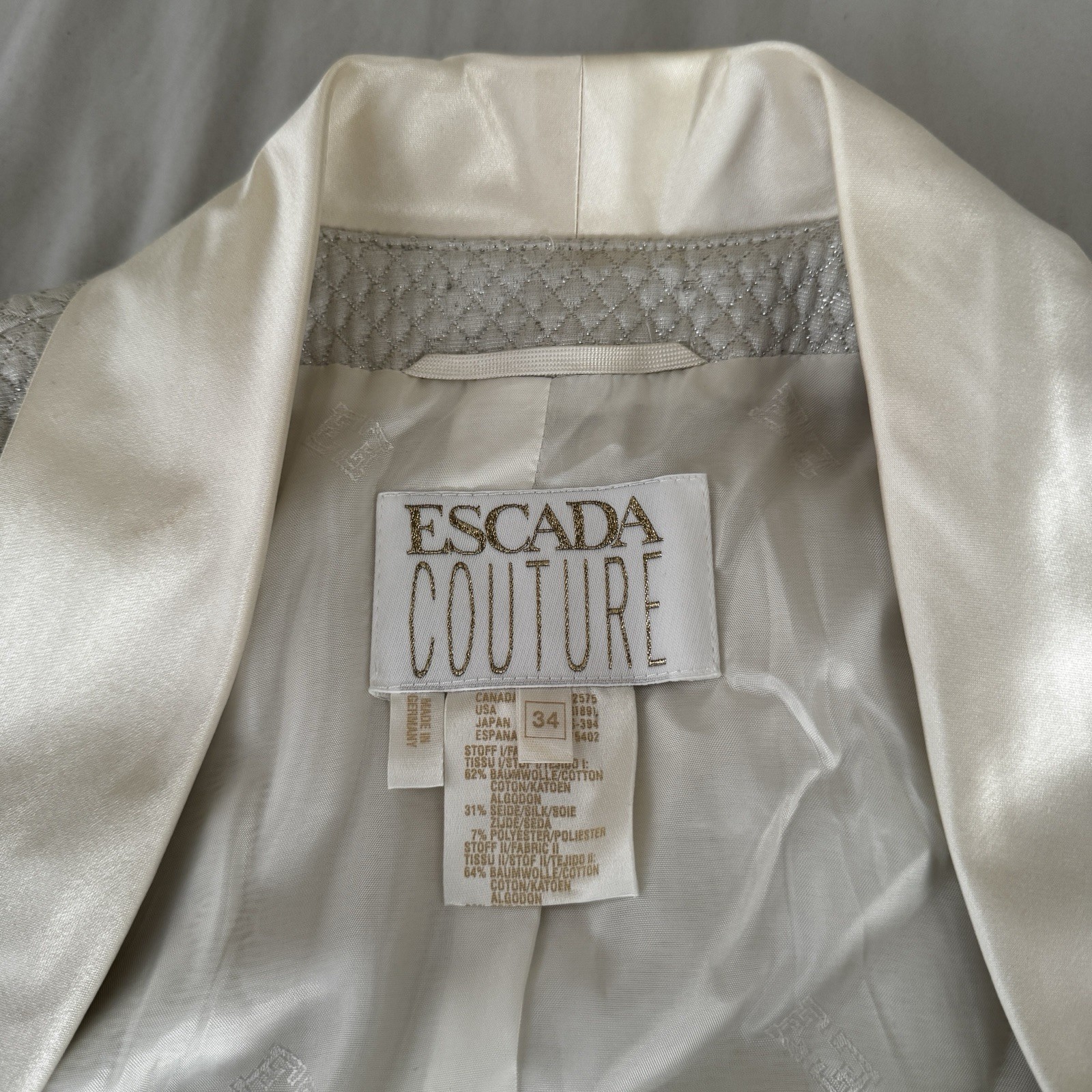 Vintage ESCADA COUTURE Silk Cotton White Silver Suit Jacket Blazer sz 34 Luster