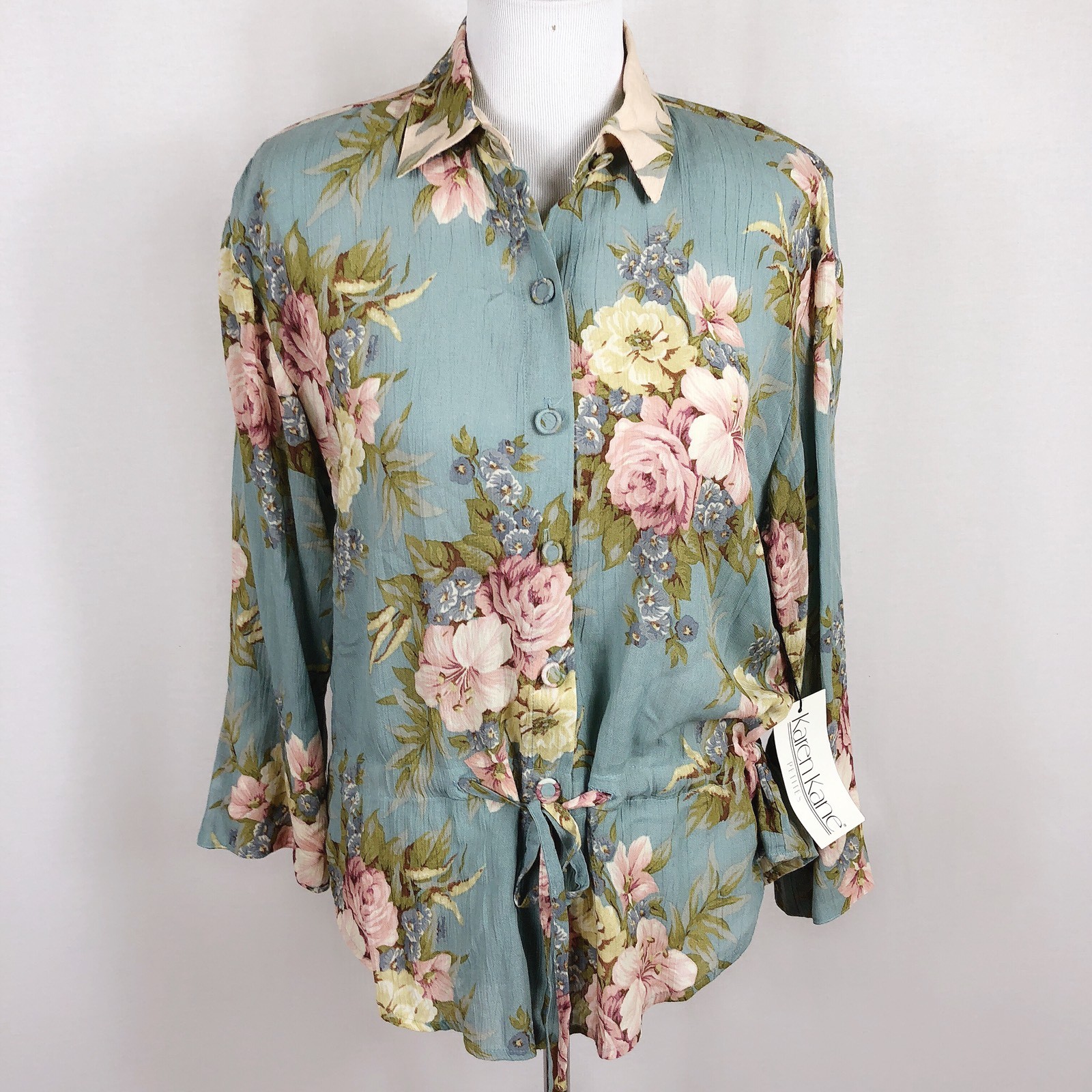 VTG NEW Karen Kane Women 6P Blue Pink Floral Button Up Blouse Padded Shoulder