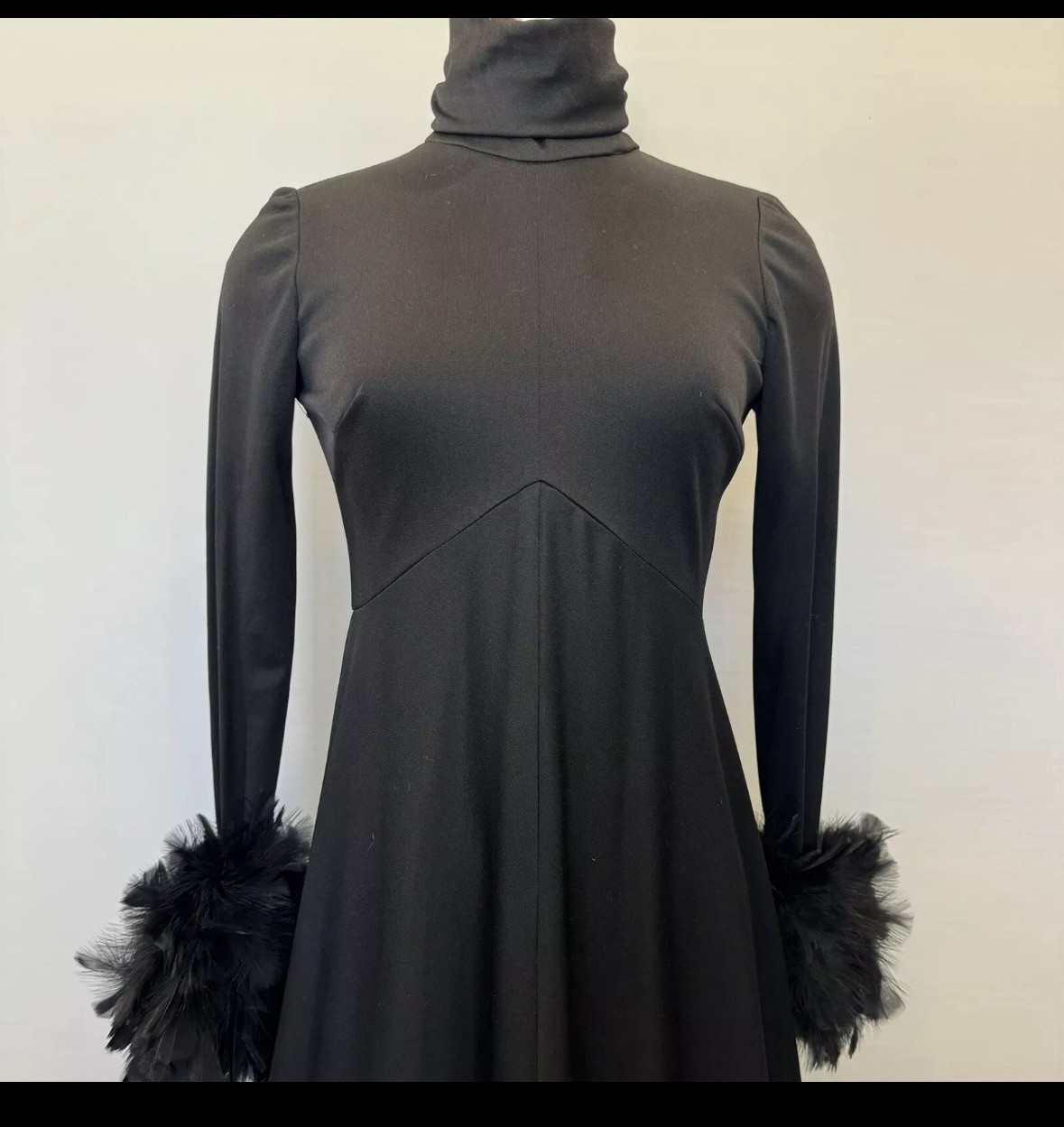 Vtg Joseph Magnin Black Feather Cuff Maxi Dress Goddess Gown Empire 60s 70s S
