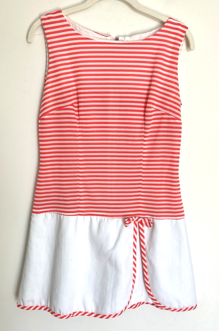 Vintage 1960s 70s Shift Dress Skort Orange White Stripe Shorts Handmade? READ