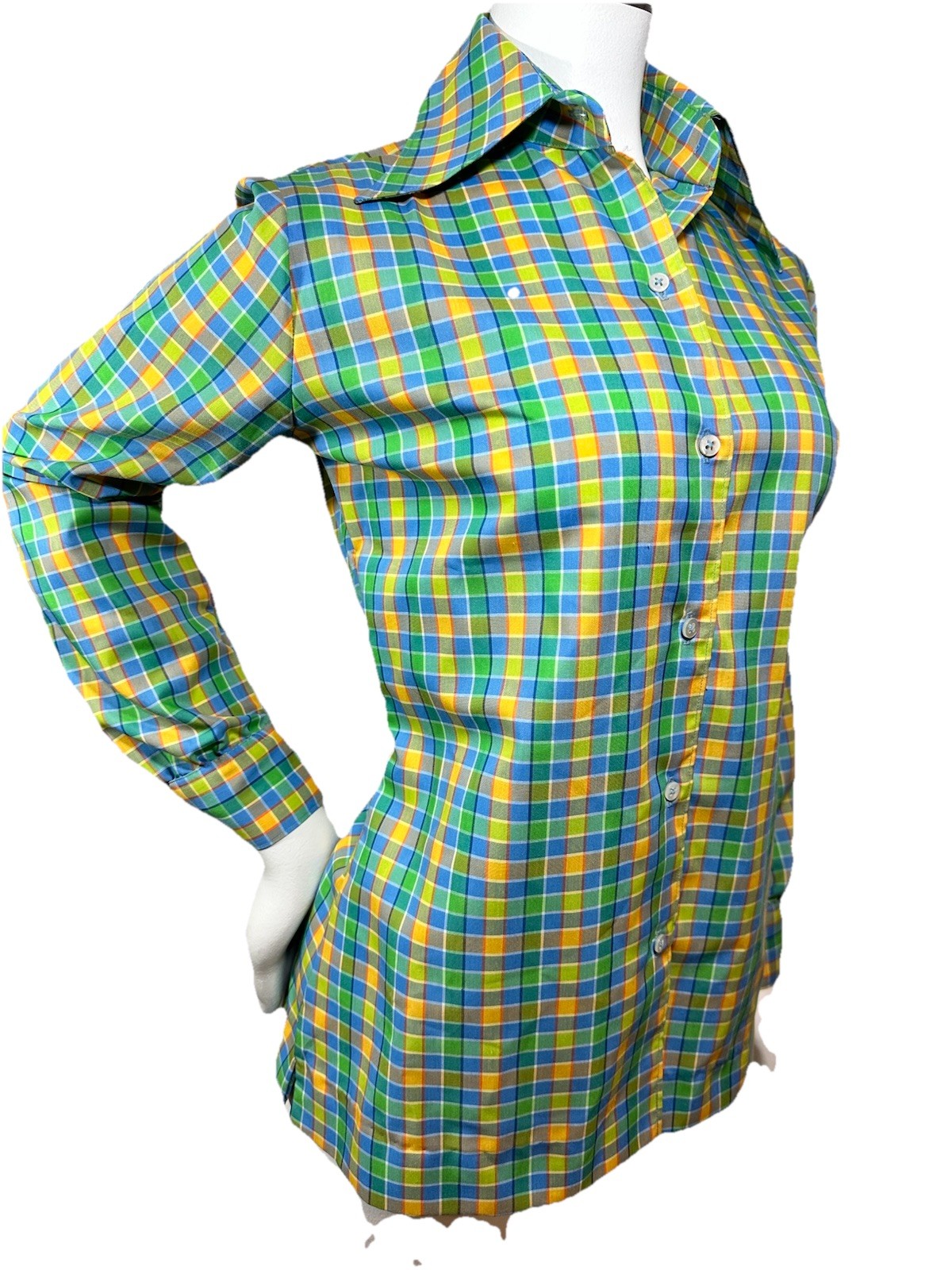 VTG 70s Hippie Evan-Picone Blouse Pointy Collar Green Plaid Cotton Sz 8 NWT