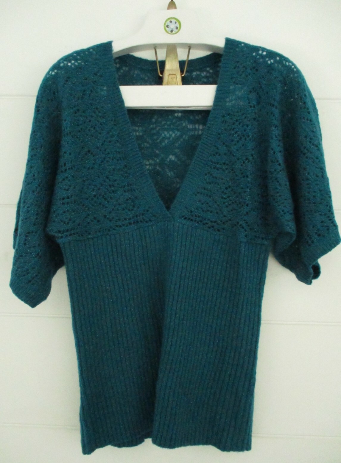 Vintage 1980&rsquo;s A.N.A open Lace Knit Sweater Women Teal Size L 3/4 Kimono Sleeve