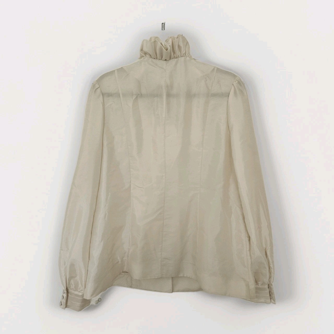 VTG J Peterman Rosette Ruffle Blouse Cream Taffeta High Neck Edwardian Size 14