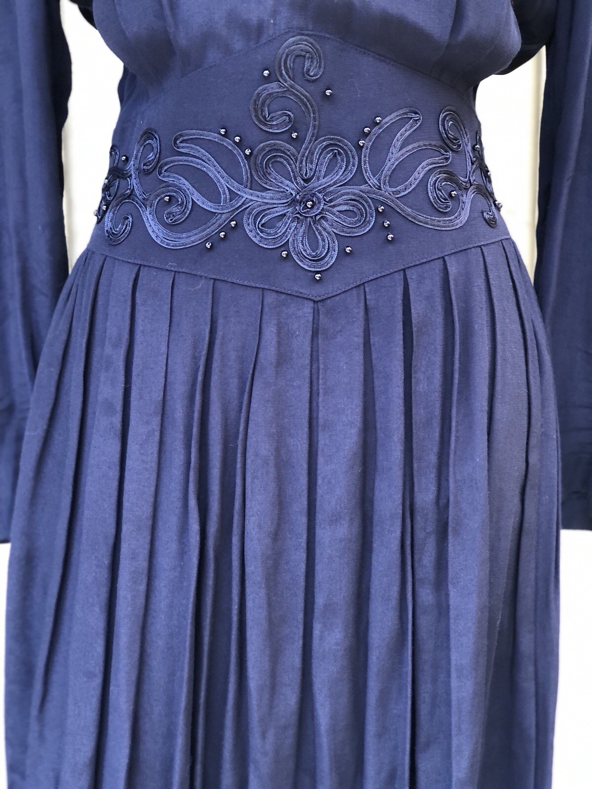 Vintage 70s Karin Stevens Beaded Embroidered Whimsical Navy Blue Maxi Dress 6