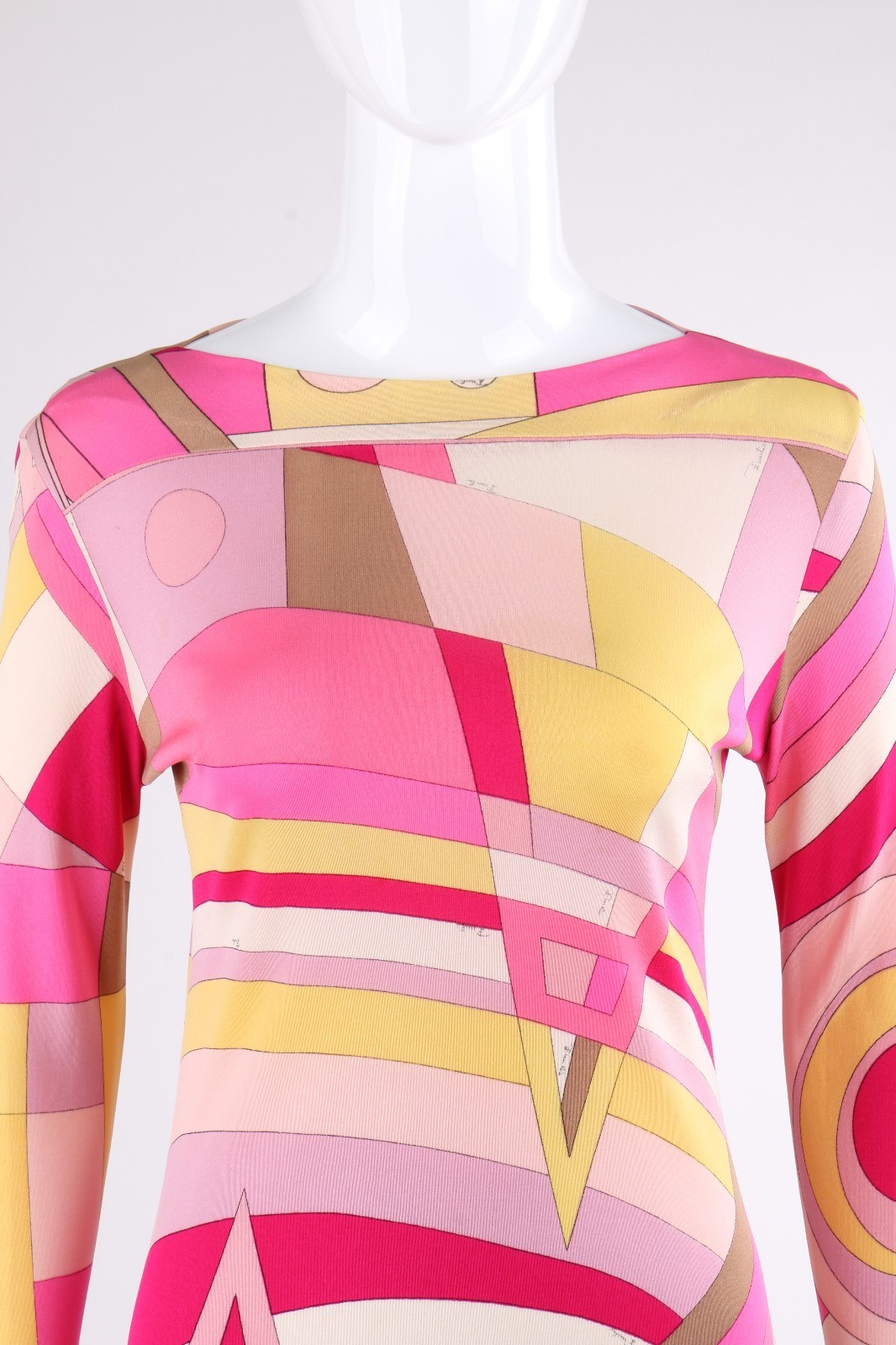 EMILIO PUCCI c.1968 Pink Multicolor Op Art Signature Print Silk Shift Dress