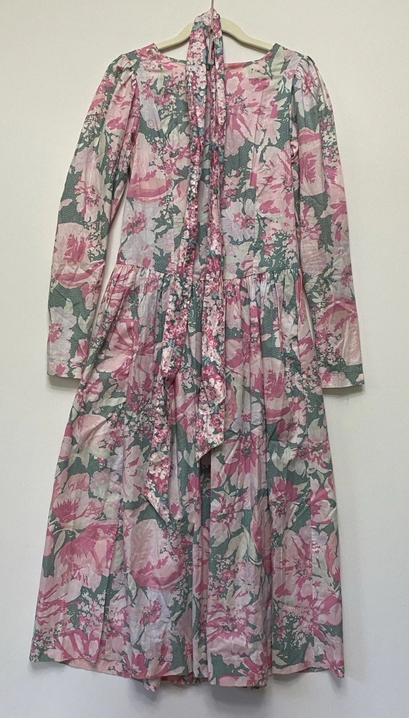 Vintage Laura Ashley Dress S (8) Floral Pink Puff Sleeve Made In UK Cotton Pink