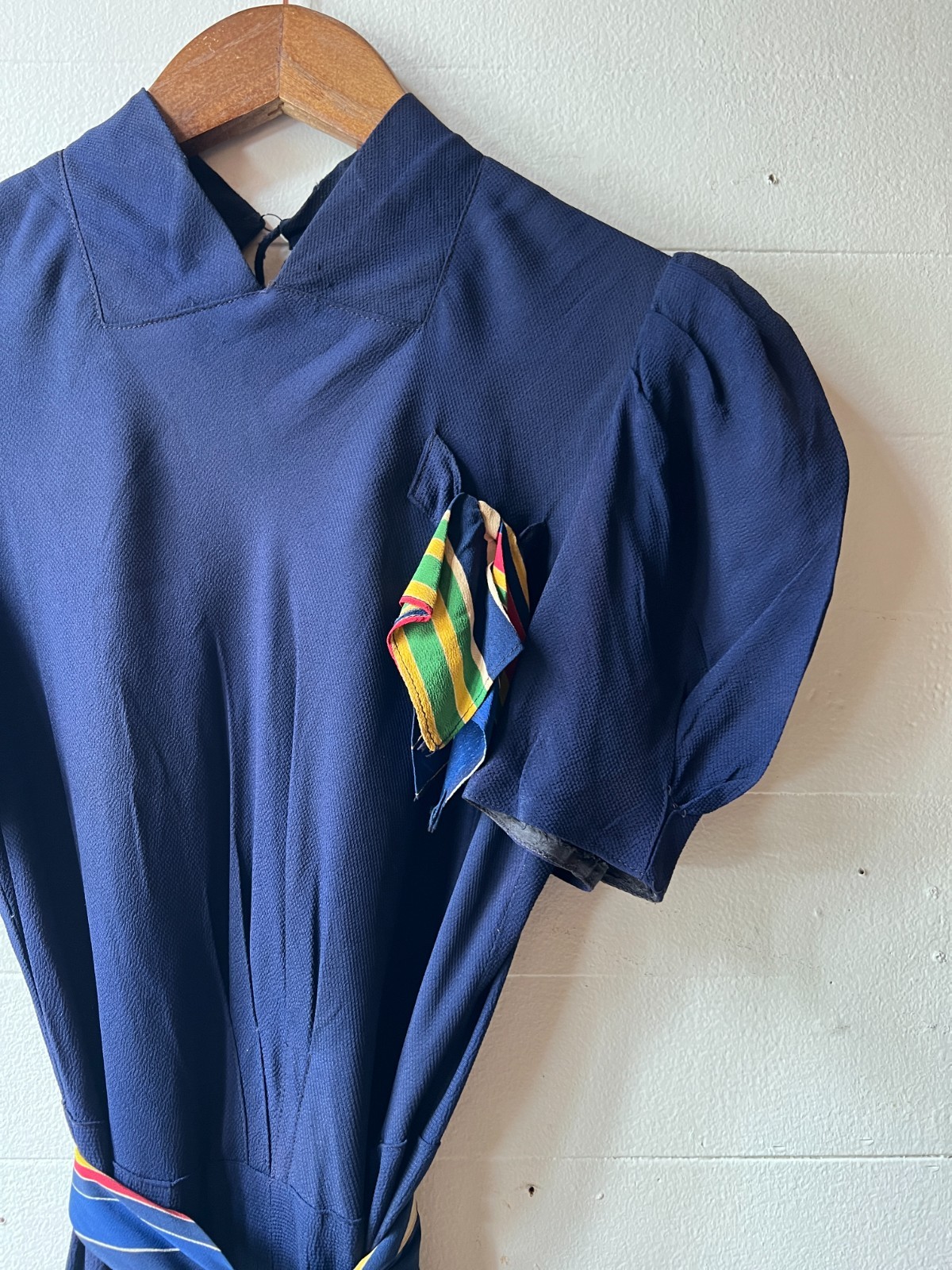 Vintage 1940s Blue Dress Striped Accents AS IS – 34x28x43 AR FL