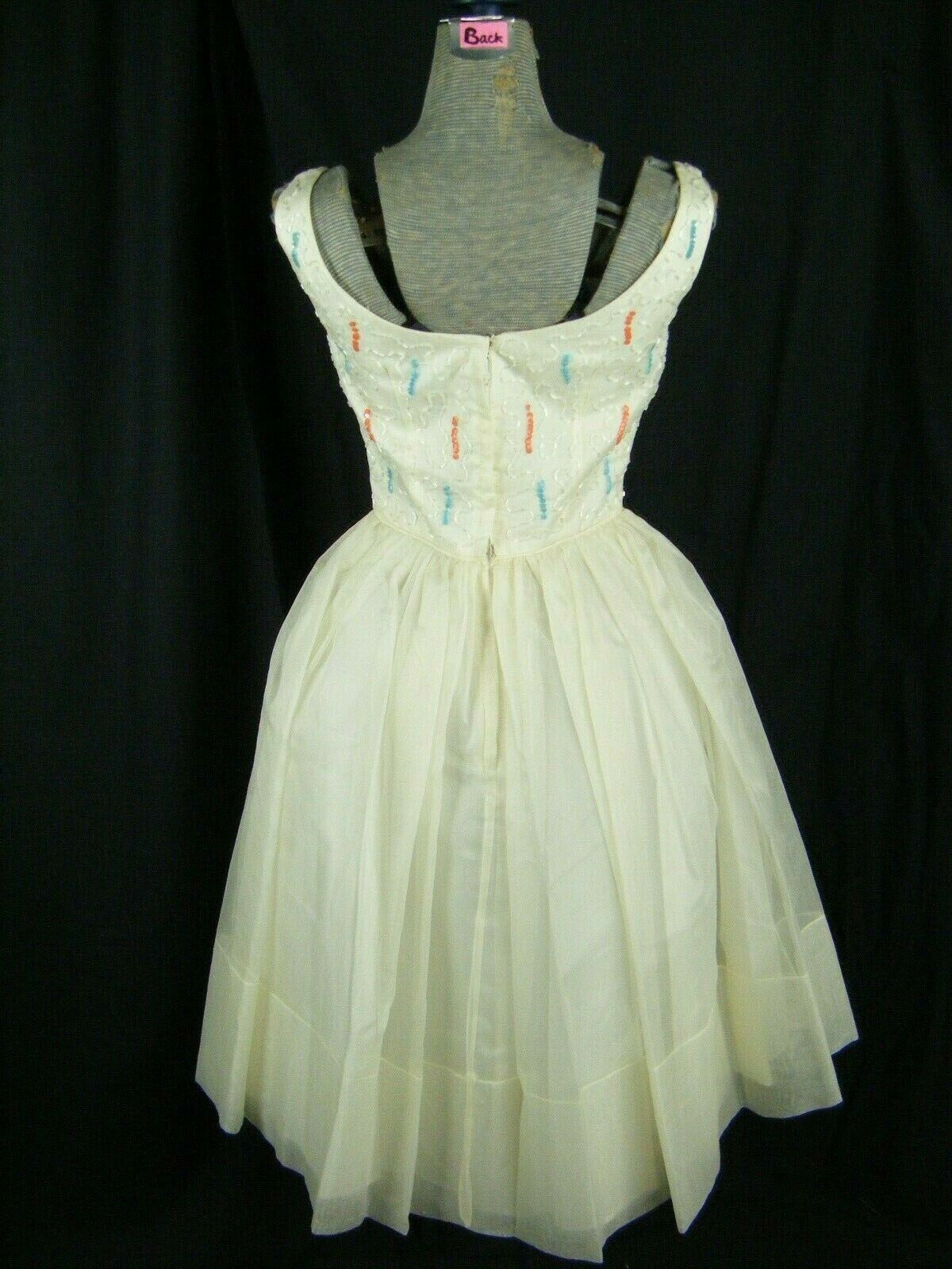 CAREER GIRL Vtg 50s Ivory Crepe/Coral Blue Sequin Beaded Party Dress-Bust 31/2XS