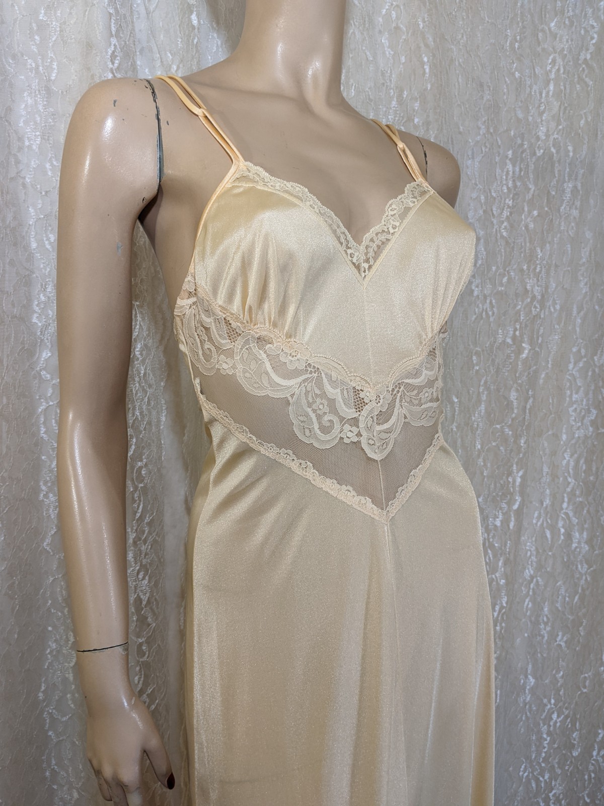VTG Sparkling Nylon Double Straps Lace Lingerie Slit Open Slip Dress Nightgown S