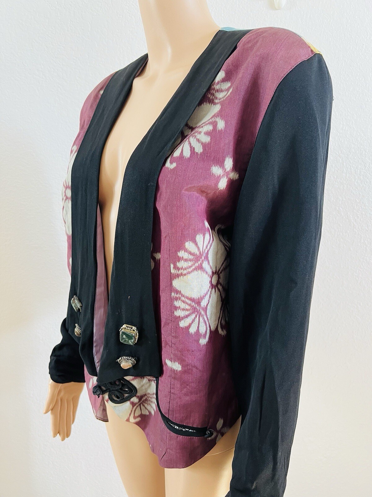 VTG Rebel Smith USA Silk* Open Jacket Floral Art Top Gemstone Accents M/L* OOAK