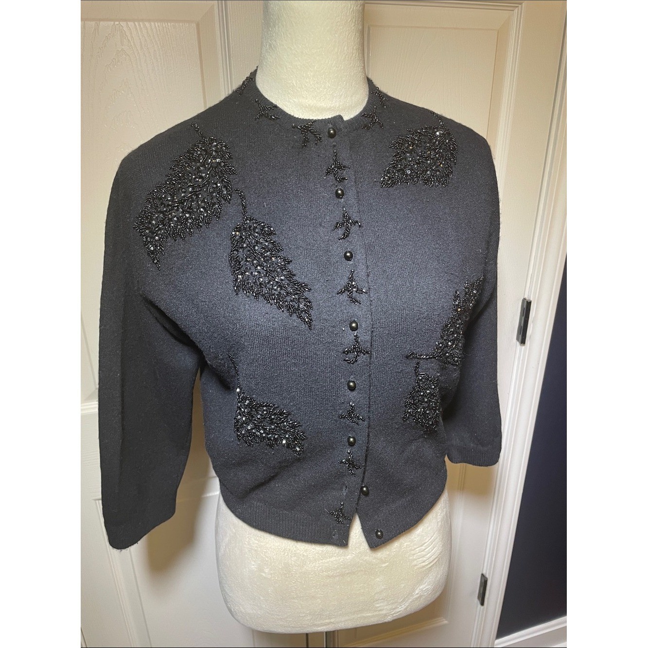 Vintage 50s/60s Bonnie Wong Black Beaded Wool Angora Cardigan Sweater Size Small