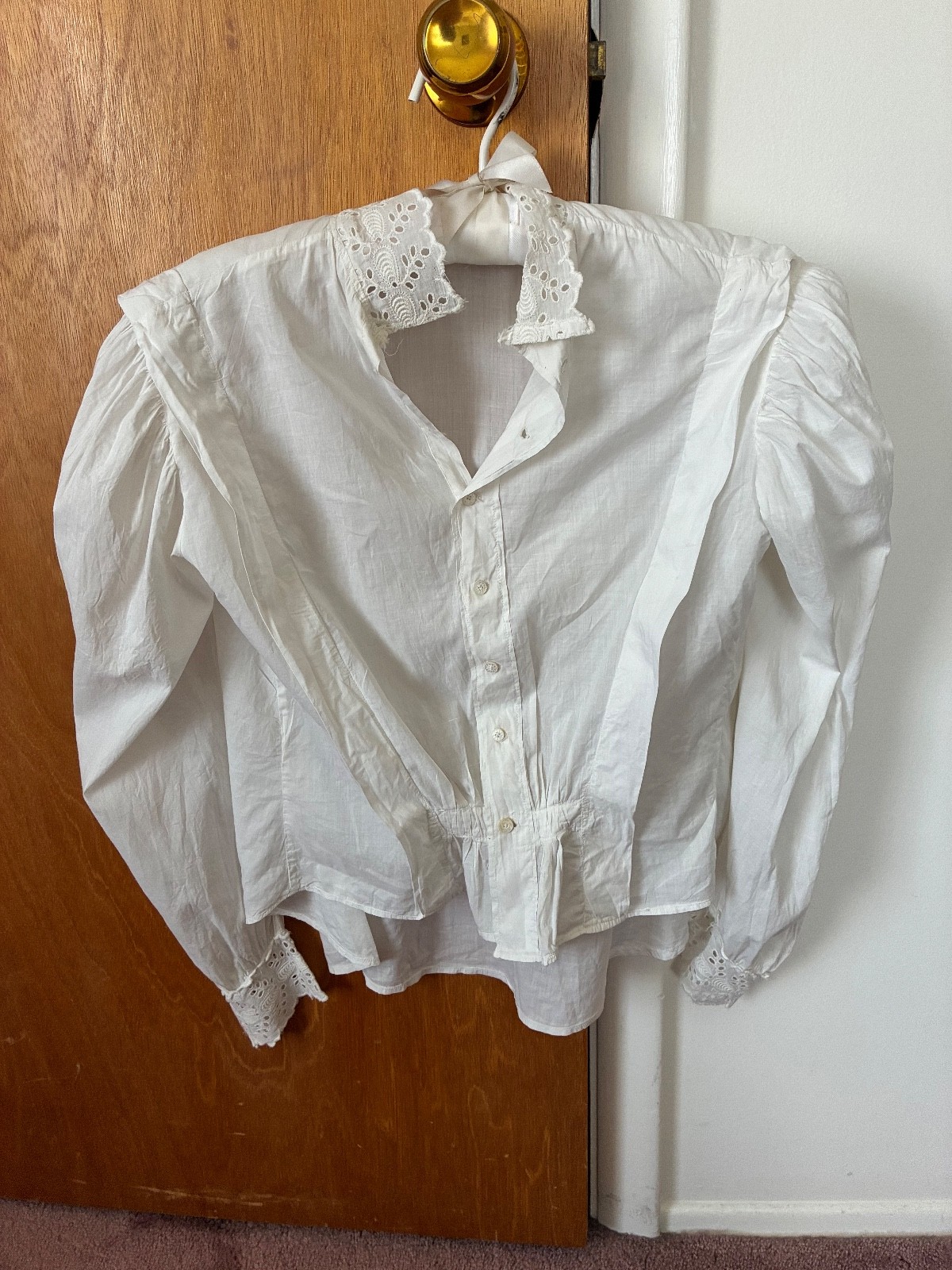 Antique Edwardian White Cotton Waist Blouse Embroidery Eyelet High Neck