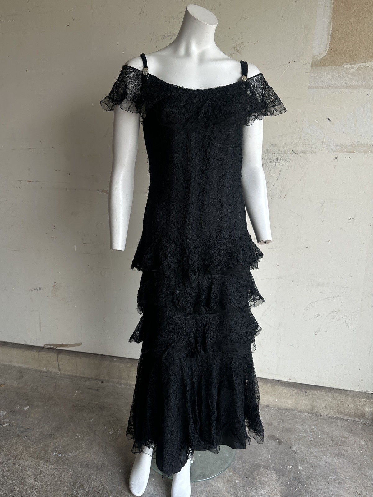 Antique 20s 30s Tiered Black Lace Drop Waist Flapper Dress 1920s 1930s
