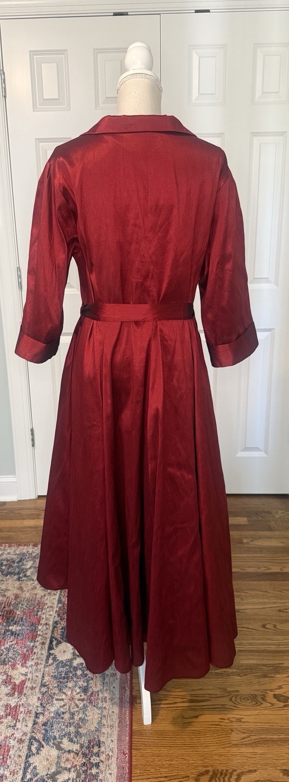 Vintage Wine Buttoned & Belted Portrait-Collar Taffeta Hi Low Dress Sz 2X
