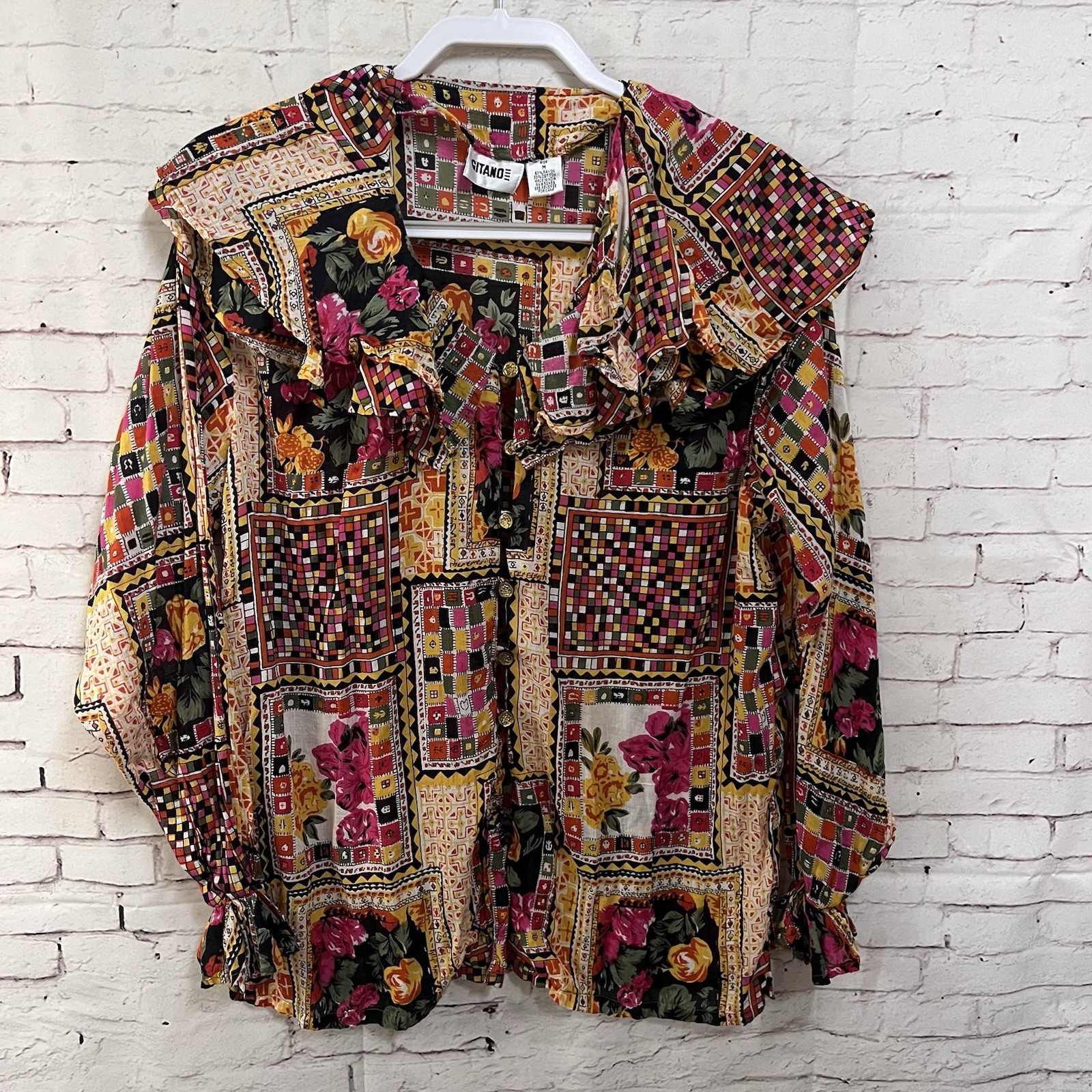 Vintage Gitano Blouse M Patchwork Floral Ruffle Collar Rayon Cotton 80s 90s Top