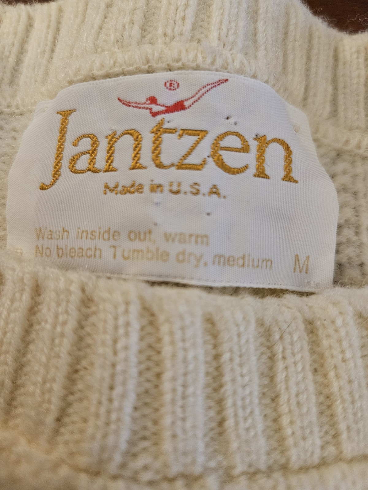 Vintage Jantzen Sweater Cable Knit Crew Neck Pullover Cream Off-White Medium USA