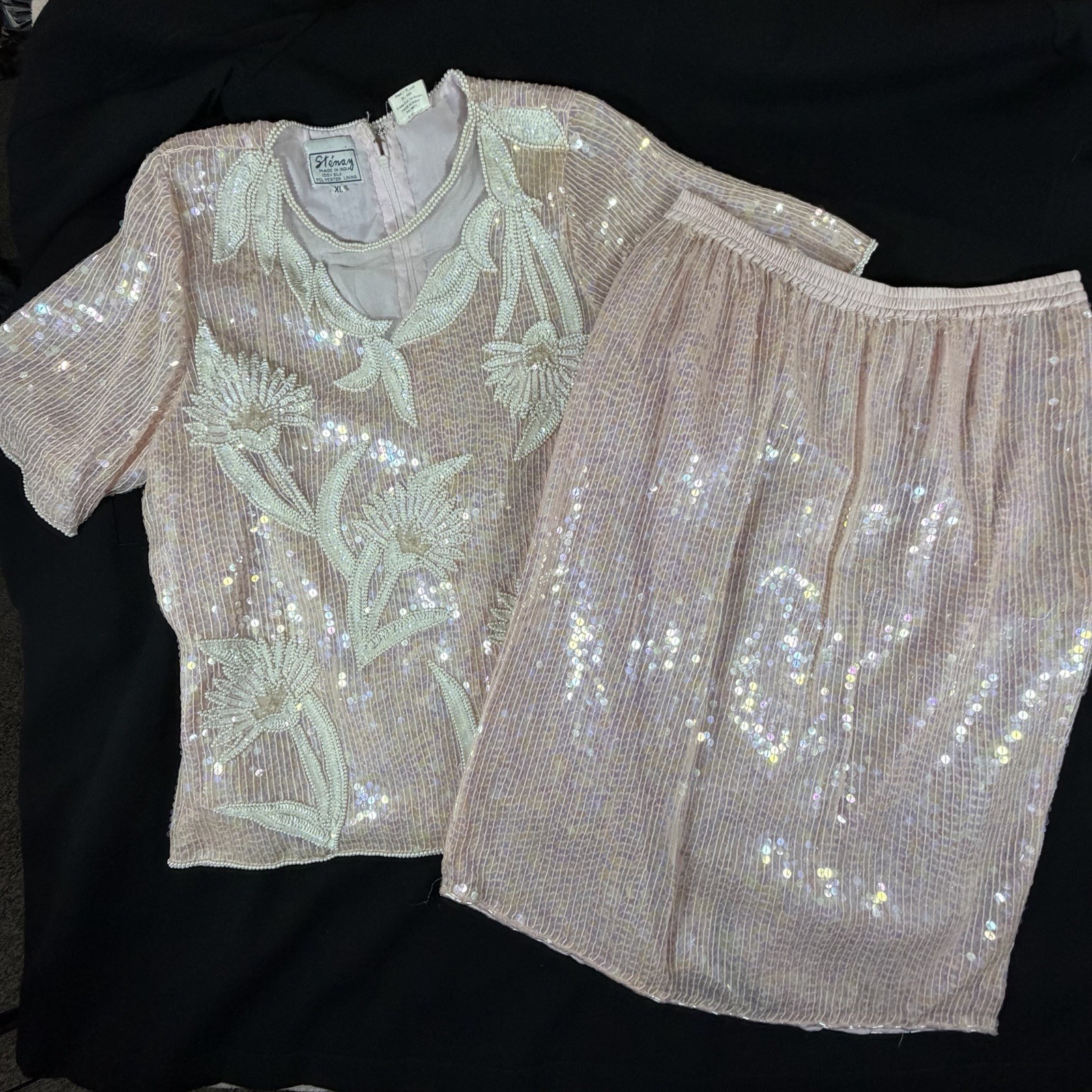 Stenay Womens XL Pink Silk Beaded Sequin Pearl 2Pc Skirt Blouse India VTG