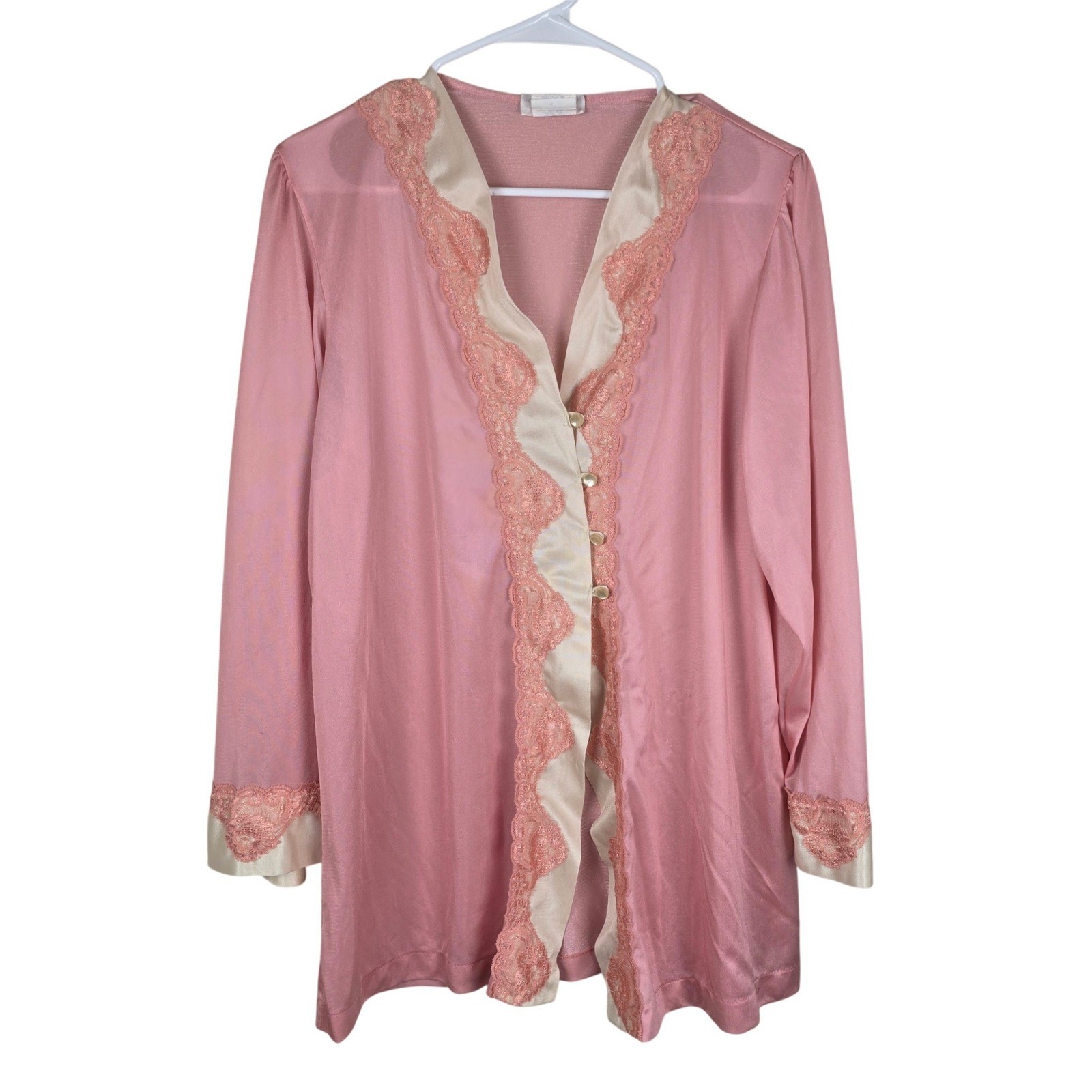 Vintage Undercover Wear Pink Bed Jacket Lingerie Robe Lace Trim Button Front