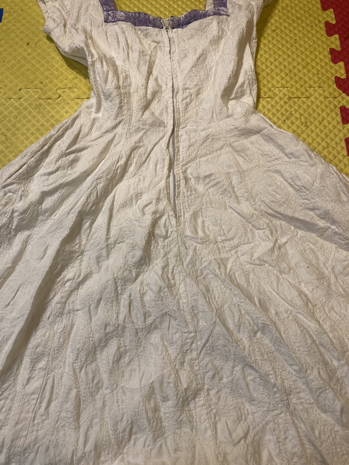 Vintage Jerry Gilden 1950s White Embroidered Linen Spectator Swing Dress USA