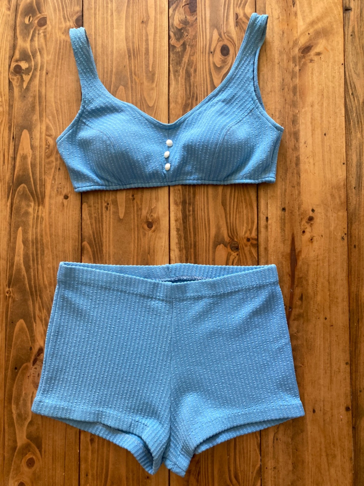 Vintage Sz 14 1960-70s Sky Blue Two Piece Bikini Set Knit Seersucker Stripe Mod