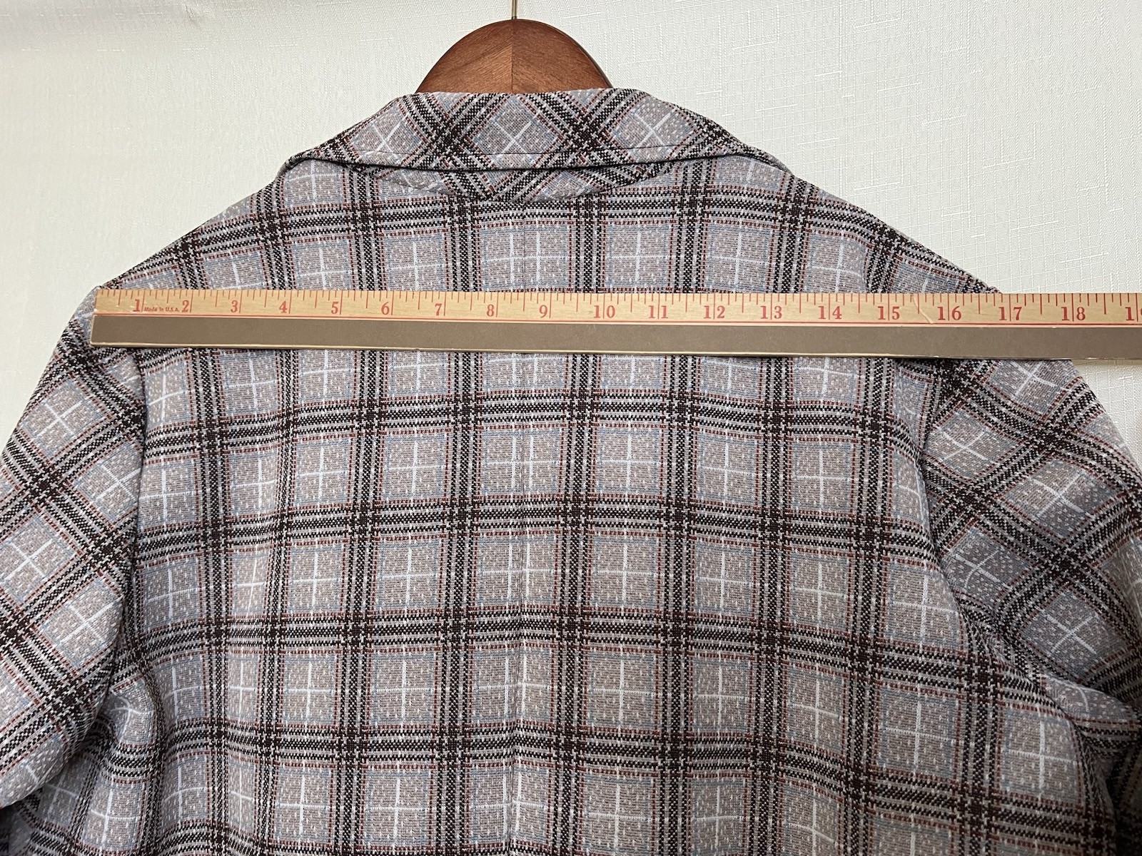 Vintage 70s Gray Plaid Checked Blazer Jacket Size L Faux Pockets Lightweight
